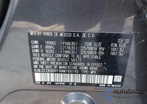 2022 Honda Hr-V Awd Sport z USA, uszkodzony, nr VIN 3CZRU6H19NM769140